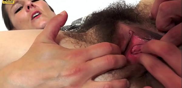  Hairy pussy fingering, gaping and hard fucking from Mature Gapers